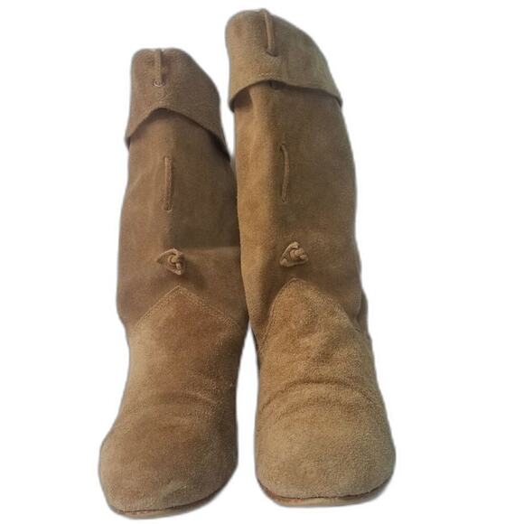 1980s Vintage Brown Suede Folded Slide On Slouch Wide Leg Almond Toe Boots 7M - Picture 5 of 9